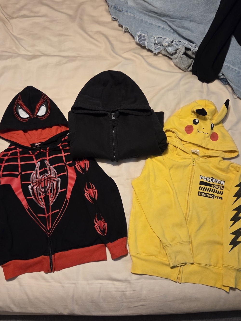 Kids Yellow Pikachu Hoodie + Black & Red Spider Hoodie + Plain Black Bundle
